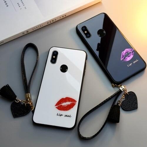 Case & Strap For Xiaomi Mi A3 A1 A2 Lite mi 6x Case Glass Hard Cover For Xiaomi Mi 5x 6x a3 Lite sexy Lip print lanyard funda
