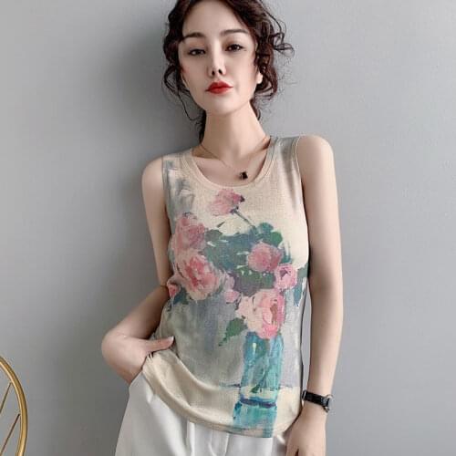 Sleeveless Printed Elastic Women Camis Summer New 2021 O-Neck Slim Elegant Female Pulls Tops Tees Outwear