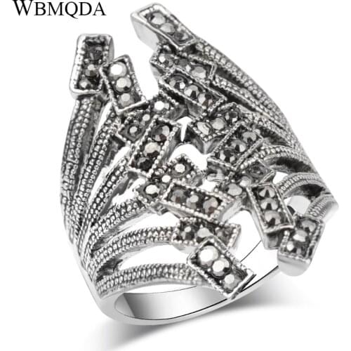 Kinel 2018 Fashion Black Crystal Big Ring Silver Color Engagement Wedding Rings For Women Vintage Jewelry