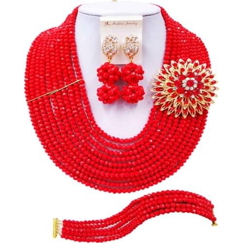 ACZUV Opaque Red Beads Crystal Jewelry Set African Necklace Nigerian Wedding Jewelry Sets 10C-DS009