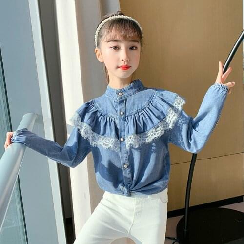 2021 New Spring Girls Ruffle Decoration Denim Shirt Kids Stand Collar Long Sleeve Blouse Casual Denim Shirts Chic Tops Blusas