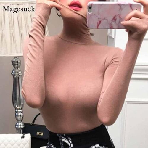 Solid Long Sleeve Slim Korean Version Blouse Autumn Sexy Micro-through Skinny High-neck Tencel Bottoming Shirt Tops Blusas 11973