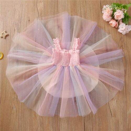 1-5Years Girls Summer Casual Dress Fashion Children Princess Rainbow Print Strap Lace Tulle Tutu Backless Gown Party Dress