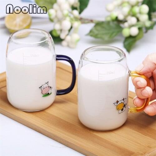 Transparent Glass Milk Cup Cute Cartoon Coffee Juice Mug with Scale and Handle Office Water Tea Cup Tumbler Drinkware 250ML