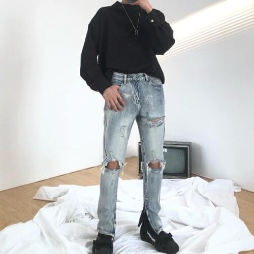 Ripped Jeans Mens High Street Fashion Hip Hop Slim Fit Skinny Jeans Man Pencil Pants Retro Washed Zipper Scrape Pants Denim