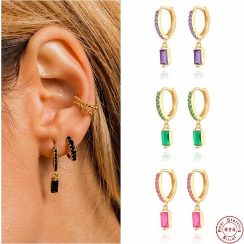 Aide 925 Sterling Silver Black Purple Green Square Zircon Charm Hoop Earrings For Women Luxury Crystal Pave Circle Jewelry Gift