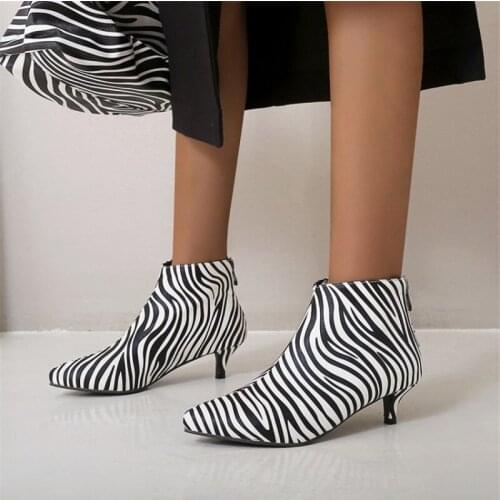 PXELENA Chic Korean Kitten Low Heel Zebra Ankle Boots Lady Back Zip 2020 Winter Autumn Shoes Women Short Boots Large Size 34-45