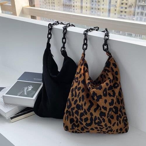 2020 New Autumn Winter Corduroy Shoulder Bags Retro Leopard Pattern Handbag Thick Chain Bags Female Daily Warm Soft Crossbody