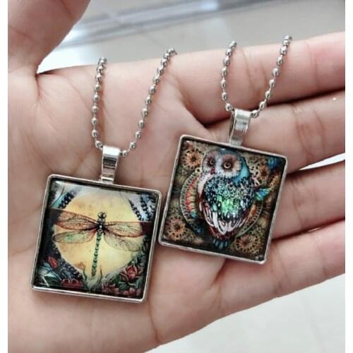 Vintage Colorful Painted Owl Blue Dragonfly Insect Glass Pendant Necklace Jewelry Retro Square Dragonfly Time Gem Accessory