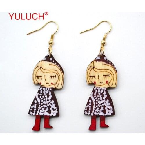 YULUCH Personality Christmas Blinky Girl Handmade Wooden Pendant Romantic Sweet Woman Jewelry Earrings Party Gift
