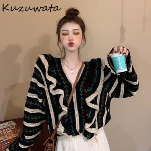 Vertical Panelled Vintage Stripes Women Sweaters 2021 Spring New Ruffles Patchwork Pullovers V Neck Design Knit Tops
