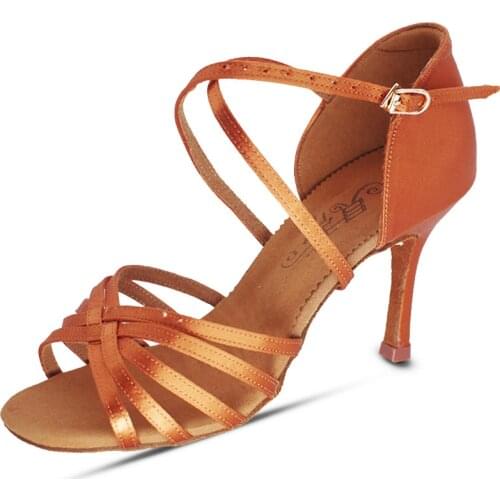 Top Dance Shoes Latin Sandals Ballroom Dancing Game Exercise profession Sweat Insole Cowhide Satin Women BD 216 AWL Heel 8.5 Cm