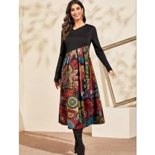 Loose Plus Size Dresses Women Autumn Winter Long Sleeve Digital Print Flower Patchwork Large Hem Maxi Dress Plus Size Vestidos