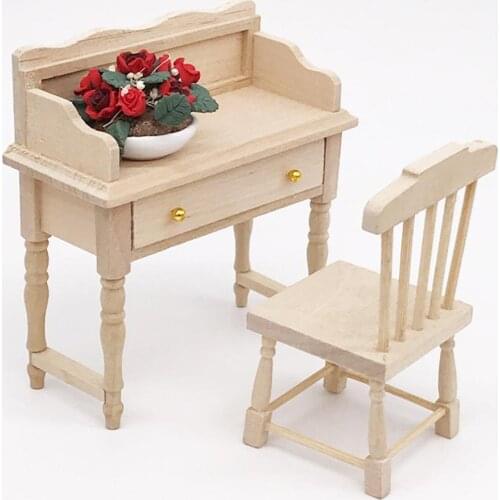 1/12 Unpainted Wooden Mini Desk Table Set Furniture DIY Dollhouse Room Accessory Toys Set for Kids Christmas Gift Dollhouse