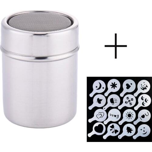 1pc Stainless Steel Chocolate Shaker Cocoa Flour Coffee Sifter + 16Pcs Coffee Stencils Template Strew Pad Duster Spray tools