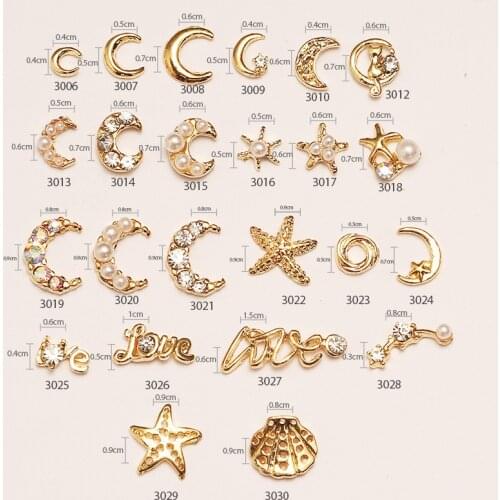 10Pcs Gold Moon Star Shaped 3D Charms For Nails 3d Alloy Nail Art Crystal Rhinestones Jewelry For Manicure Nail Accessories