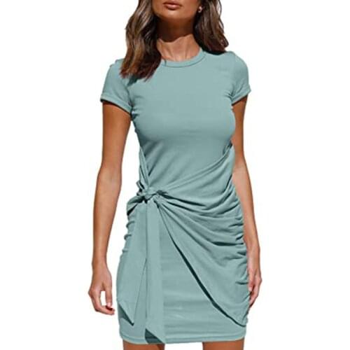 Irregular Dress Round Neck Cotton T Shirt Dress Plus Size Casual Solid Bow Belt Ladies Summer Dresses