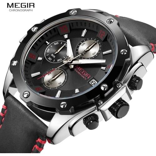 MEGIR Mens Chronograph Quartz Watches Fashion Black Leather Strap Luminous Analogue Sports Wrist Watch for Man 2074GS-BK-1N8