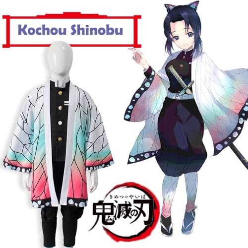 Kid Costume Anime Demon Slayer Kimetsu no Yaiba Kochou Shinobu Cosplay Costume kid Kimono Halloween Carnaval Party costume Wig