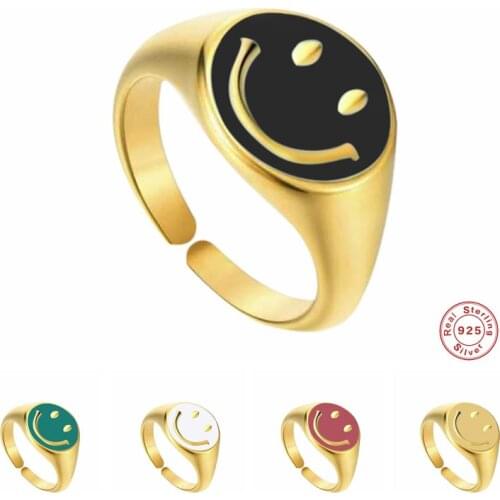 Aide 925 Sterling Silver 2021 Trend Cute Smiley Face Pattern Opening Rings For Women Enamel Smiling Face Resizable Ring Jewelry