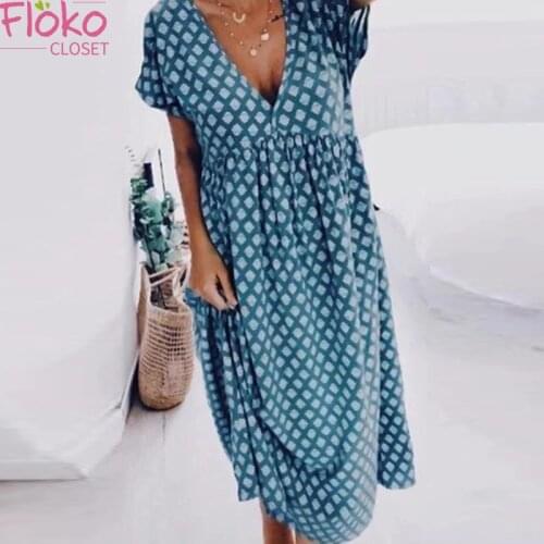 Flokocloset Summer V-Neck Short Sleeve Maxi Dresses Casaul Vintage Loose Boho Dresses Beach Sundress