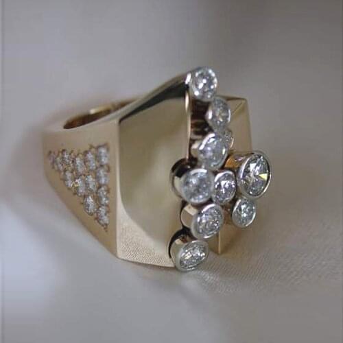 Fashion Luxury Gold Color Men Ring Geometric White Zircon Stone Elegant Design Punk Rock Wedding Band Rings for Women Jewelry