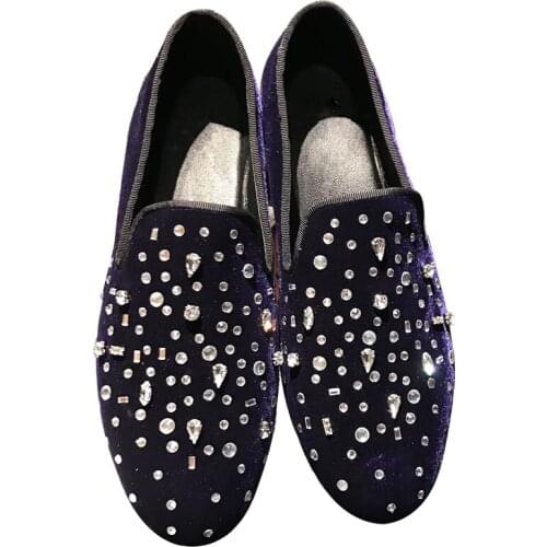 Luxury Blue Black Crystal Handmade Men Loafers Fashion Men Spikes Casual Dress Shoes Slip On Men Flats Wedding Driving Shoes