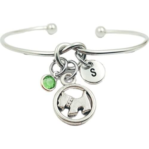 Cute Dog Animal Creative Initial Letter Monogram Birthstone Adjustable Bracelet Fashion Jewelry Women Gift Pendant
