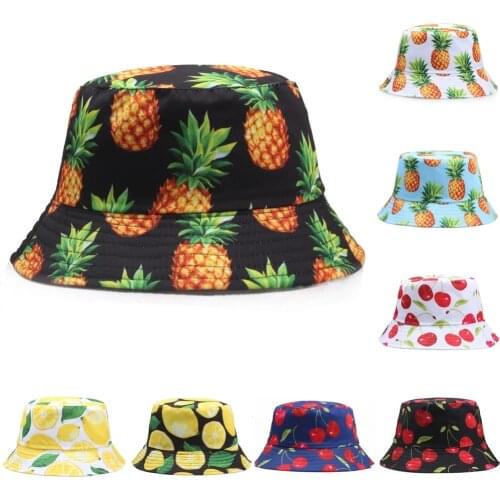 New Cotton Pineapple Printed Bucket Hats For Women Men Summer Sun Panama Caps Cherry Lemon Fruit Printing Flat Top Fisherman Hat