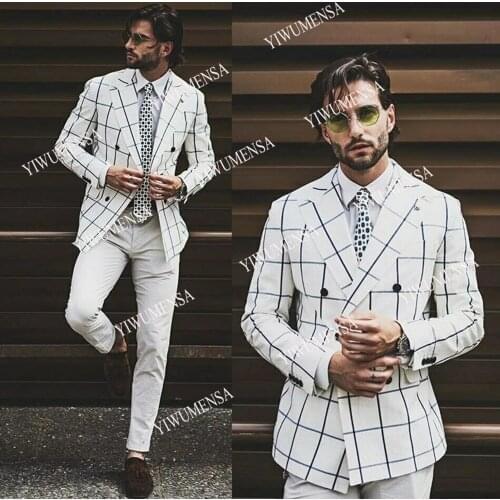 YIWUMENSA Classic Men Suits For Groom Wear White Plaid Black Check Coat Tuxedos Formal Prom Party Blazer (Jacket+Pants) Busienss