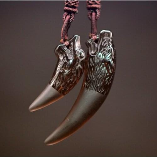 QIANXU Ice Obsidian Wolf Teeth Necklace Pendant Amulet Jade Pendant Fine Jewelry With Chain
