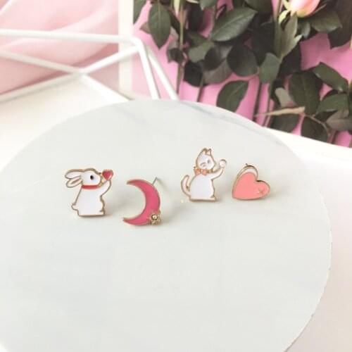 S925 Needle Cartoon cat rabbit bunny sweet love asymmetrical fantasy star moon earrings
