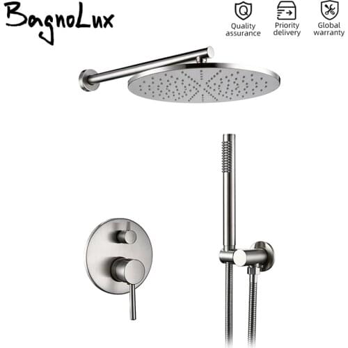 Bathroom Shower Faucet Rain Head System Set Kit Brushed Stanless Steel Matt Diverter Mixer Tap WIth Handshower Round Handheld
