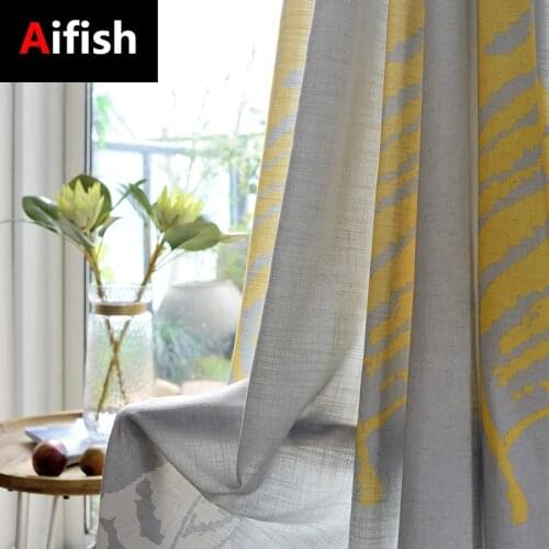 Modern Gray Yellow Leaves Tulle Curtain Sheer Linen for Living Room Customized Semi Blackout Curtains for Bedroom Cortina P205-2