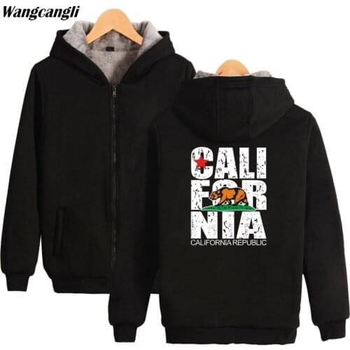California Winter Hoodie Fleece Warm Jacket Thicken Coat USA California Flag Bear Hoodie Sweatshirt Women Men Clothes