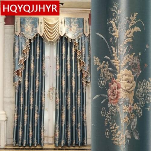 Top European elegant embossed jacquard blackout curtains for living room windows luxury Peacock blue curtain for bedroom kitchen