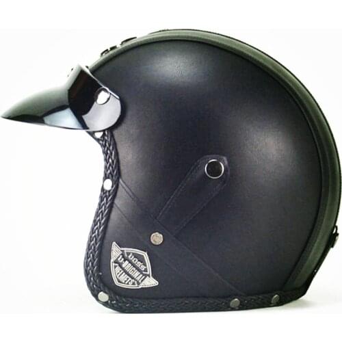 VOSS 058 Black PU leather Open Face Helmet Scooter Motorbike Motorcycle Crash Helmet 058M