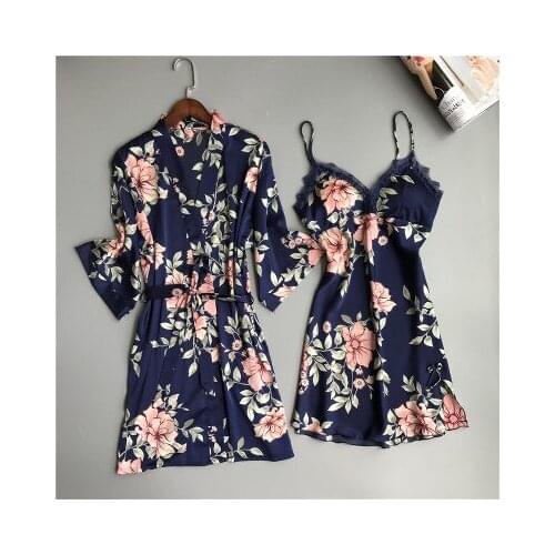 Two Piece Womens Pajamas Silk Dress And Robe Gown Set Floral Bathrobe Lingerie Femme Sexy Nightdress Kimono Sleepwear Home Suit