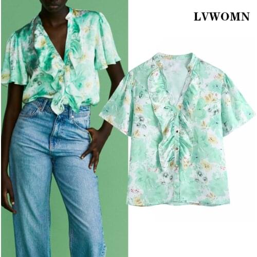 LVWOMN Summer Women Blouses Top Za 2021 Satin Blouse Ruffle Green Print Button Short Sleeve Female Shirts Loose Blusas Chic Tops
