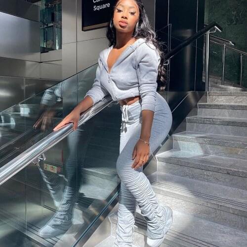 Solid Hooded Two Piece Set Women 2020 Autumn Long Sleeve Zipper Top and Stacked Pants Sporty Streetwear Casual Matching Sets