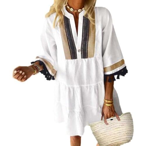 Women Boho Summer V Neck Tassel Half Sleeve Print Beach Party Loose Mini Dress
