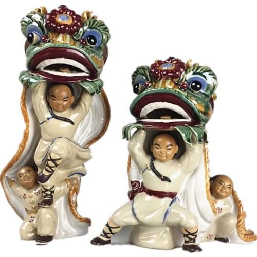 2PCS/SET MODERN CREATIVE CERAMICS WONG FEI-HUNG LION DANCE FIGURINE STATUE CERAMICS CRAFT CHINESE DECORATIONS FOR HOME R3253