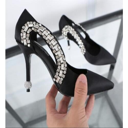 2017 Spring women sxey high heel cutouts crystal decoration pointed toe 9.5 cm high thin heels slip-on dress pumps silver