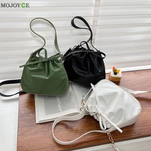 2021 Fashion Vintage Women Solid Color Pleated Tote Bag PU Leather Messenger Bag Casual Drawstring Solid Color Small Purse
