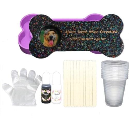 3 n 1 Pet Tombstone Epoxy Resin Mold Bone Shape Dog Memorial Stone with Photo Frame Silicone Mold with DIY Accessories