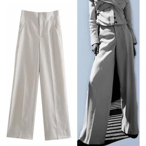 TRAF Za 2021 Beige Pants For Women Wide Leg Trousers High Waist Loose Summer Pants Woman Linen Baggy Streetwear Pants Ladies