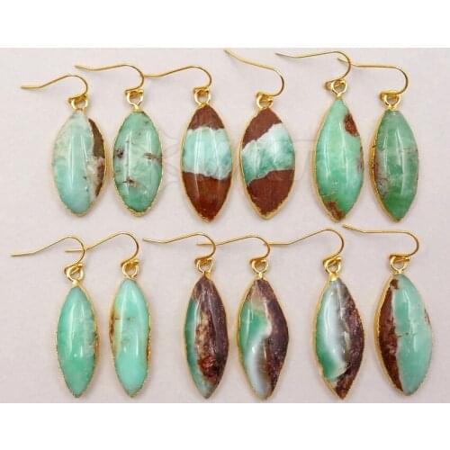 WT-E342 Wholesale Custom Natural Green Chrysoprase Earrings With Gold Trim Unique Leaves Stone For Trendy Jewelry Making