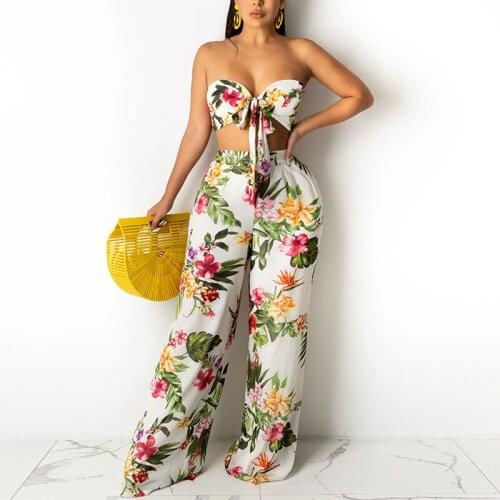 Womens 2 Pecs Suit Summer Outfits Boho Beach Style Flower Print Underwear Loose Wide Leg Pants Female Clothes Sets Sexy Lace-Up