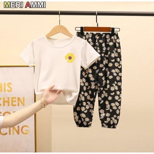 MERI AMMI 2pcs Oufit Children Girl Clothing Set Floral Daisies Tee +Flower Pants For 2-11 Year Kid