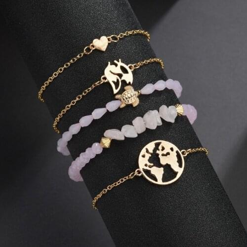 Fashion bracelet pink beaded bracelet sea turtle irregular love world map 5-piece set of jewelry